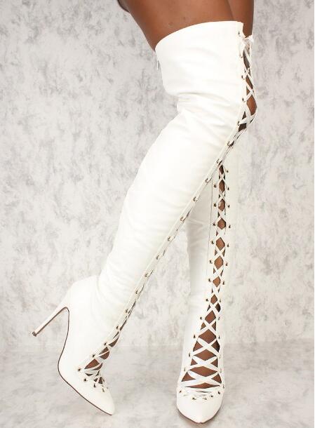 Ribbon Tie Heel - أزياء المرأة أبيض أسود الصلبة الجلد