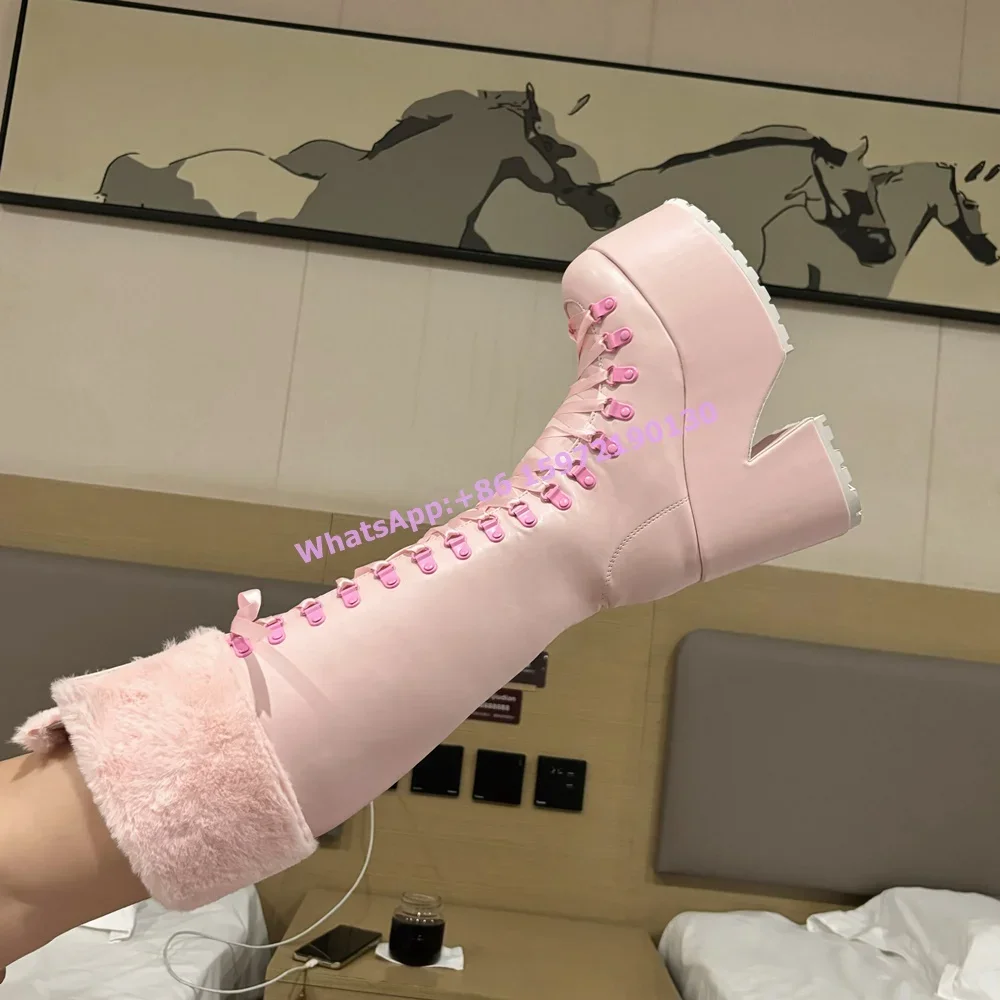 Ribbon Tie Heel - أحذية طويلة وردية فروية بنعل سميك