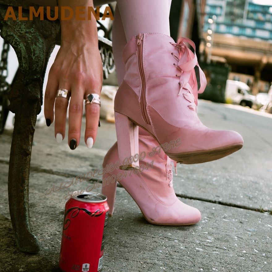 ALMUDENA الوردي الساتان صندل ب - مراجعة Ribbon Tie Heel وسعره